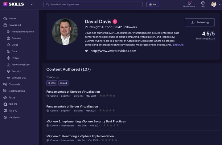 David Davis's Pluralsight author profile: 107 courses authored, 2,542 followers, rated 4.5 out of 5 from over 6,000 ratings